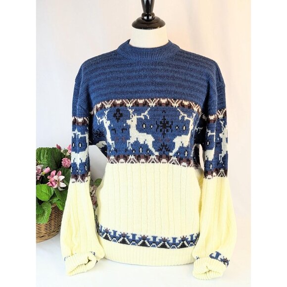 Vintage 1980s Women's Nordic Fair Isle Sweater Blue Ecru Reindeer Warm Winter - Picture 2 of 10